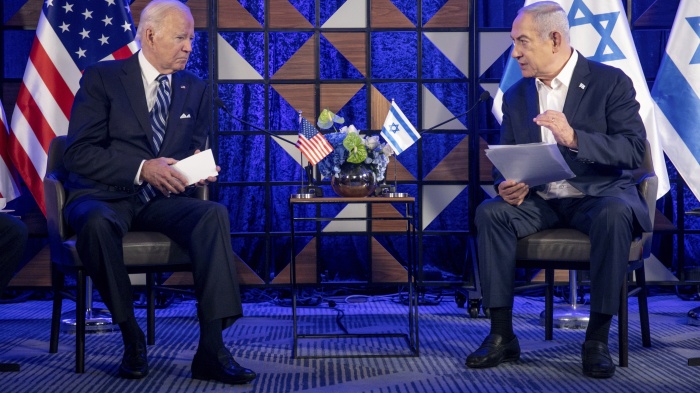 US President Joe Biden, left, meets with Israeli Prime Minister Benjamin Netanyahu, in Tel Aviv, Israel, on October 18, 2023.