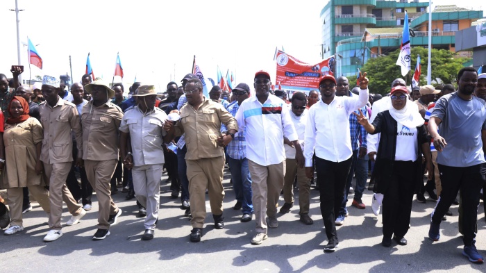  Supporters of Tanzania's main opposition party, Chadema, protest with the party's deputy chairman, Tundu Lissu, front center, in Dar es Salaam, Tanzania, January 24, 2024.