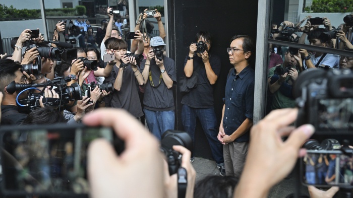 Chung Pui-kuen, the former chief editor of Hong Kong's now-shuttered Stand News, is released on bail after being found guilty in a politically motivated sedition trial, in Hong Kong, August 29, 2024.