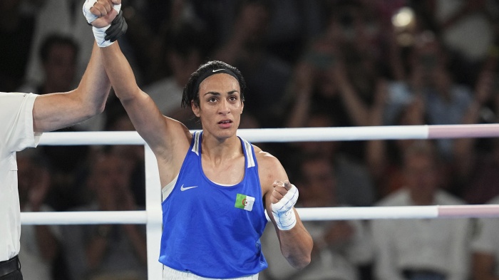 Algerian boxer Imane Khelif competes during the semifinal at the Olympic games in Paris, France, on August 6, 2024.