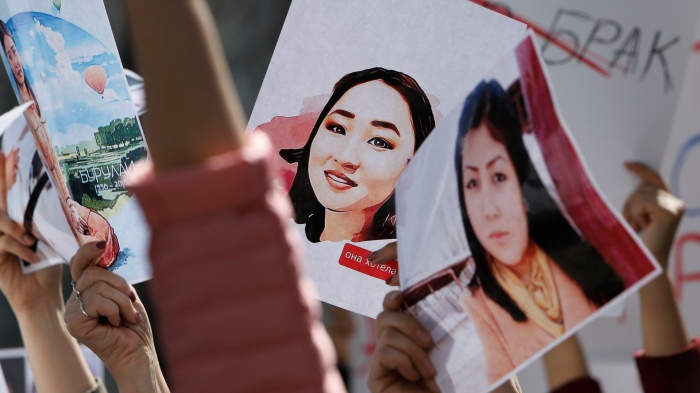 A rally outside Kyrgyzstan's Interior Ministry demanding the resignation of its leadership after the murder of kidnapped bride Aizada Kanatbekova amid alleged  inaction by the police, in Bishkek, April 8, 2021. 