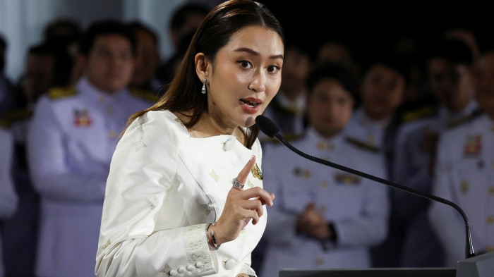  Thailand's Prime Minister Paetongtarn Shinawatra speaks during a press conference at the Pheu Thai party headquarters in Bangkok, Thailand, August 18, 2024.