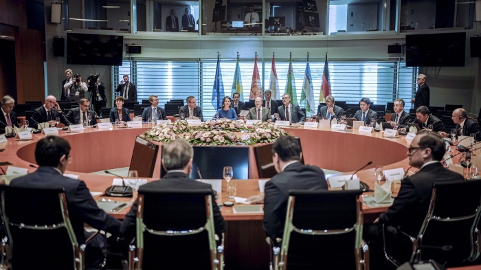 Chancellor Olaf Scholz (C) and Foreign Minister Annalena Baerbock receive the heads of state for the Central Asia Summit at the Chancellery in the International Hall, Berlin, September 29, 2023.