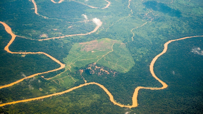 Land clearing for oil palm plantations area is seen from above in Borneo, Malaysia on September 11, 2019. 