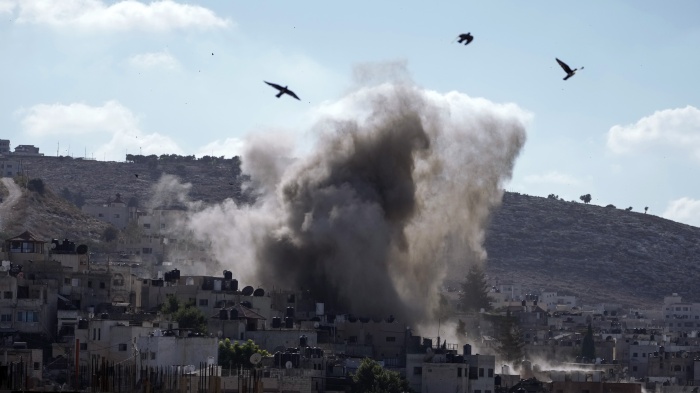 An explosion is seen during an Israeli military operation in the West Bank city of Jenin, September 5, 2024.