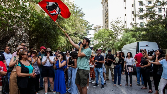 A demonstration in front of the Independent High Authority for Elections building against their decision to accept the candidacy of the current president, Kais Saied, and two other candidates, Zouhair Maghzaoui and Ayachi Zammel, running in the presidential elections, Tunis, Tunisia, September 2, 2024.