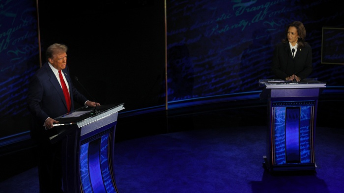 US presidential candidates, former President Donald Trump and Vice President Kamala Harris, at the presidential debate in Philadelphia, Pennsylvania, September 10, 2024. 