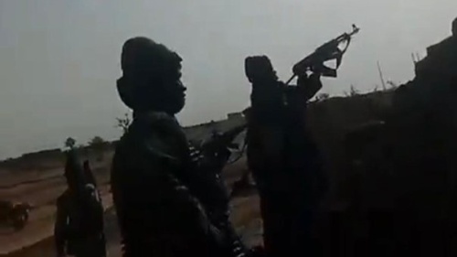 Screenshot of a video filmed by fighters of the armed Islamist group JNIM showing their assault on the military barracks in Mansila, Sahel region, Burkina Faso, on June 16, 2024.