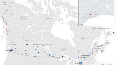 Map of Canada showing provincial correctional facilities and immigration holding centers