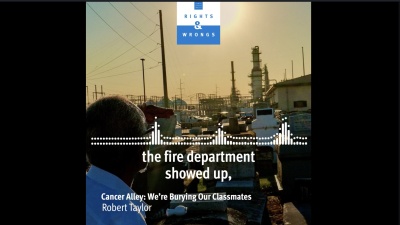 Screenshot of audiogram depicting Robert Taylor looking at petrochemical plant.