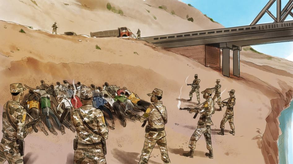 Illustration of armed soldiers shooting a group of men in the back