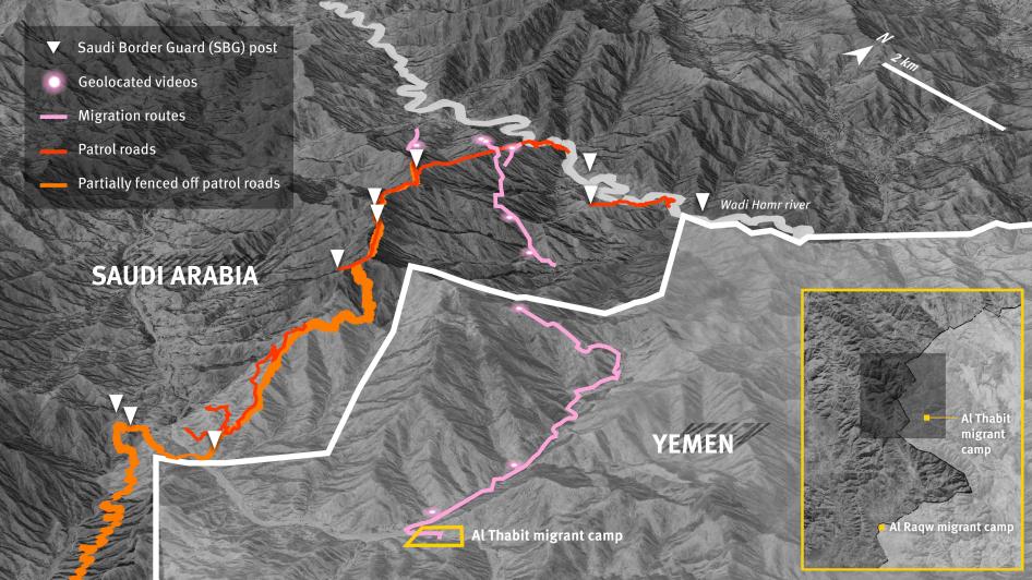 3D model of likely Saudi border guard posts and patrol roads near fences