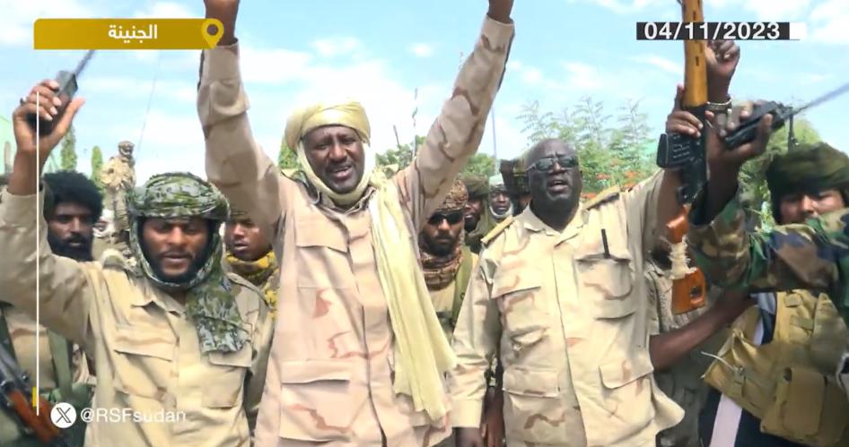 Screengrab from a video shows Abdel Raheem Hamdan Dagalo (center left) and General Abdel Rahman Joma'a (center right) celebrating the RSF takeover of the SAF base in Ardamata. Image © RSF Sudan on X (formerly known as Twitter). 