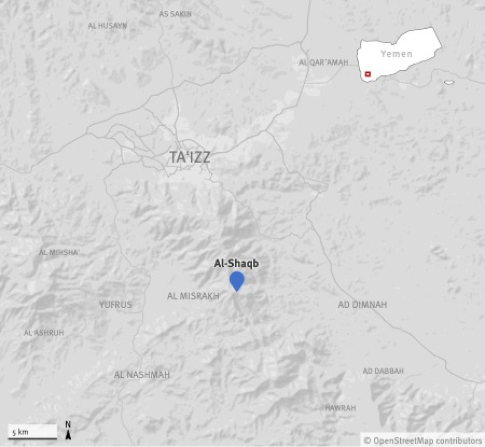 خريطة موقع الشقب في مديرية صبر الموادم في الجبال المحيطة بمدينة تعز، اليمن. 