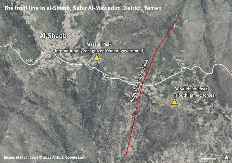 Military positions and approximative frontline in al-Shaqb, Sabir Al-Mawadim district, Yemen. 