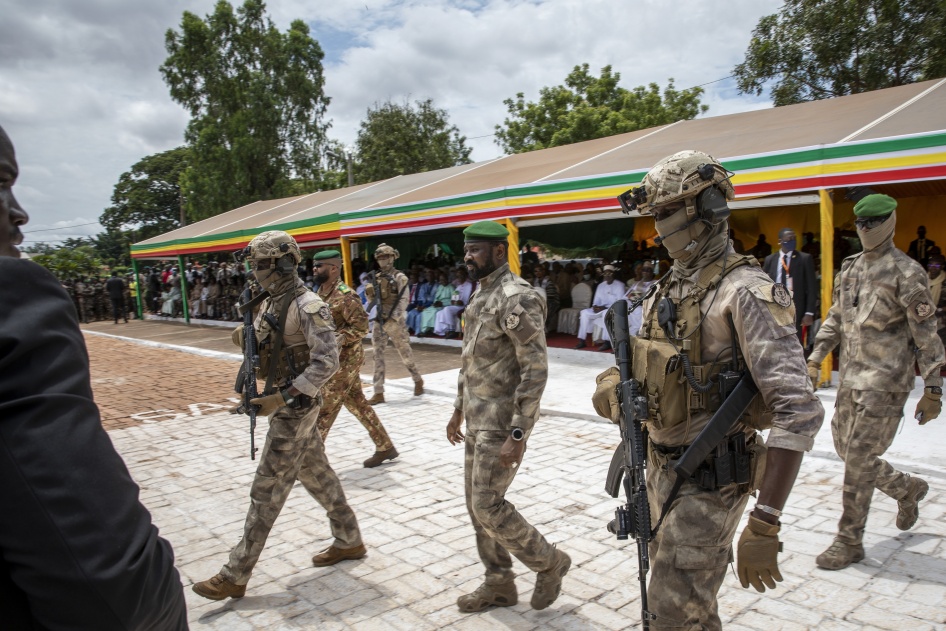 The leader of Mali's junta, Lt. Col. Assimi Goita, center, in Bamako, Mali, September 22, 2022. 