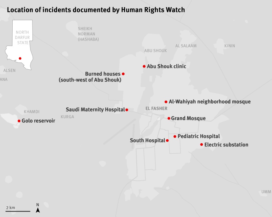 Sites d’incidents documentés par Human Rights Watch à El-Fasher (Darfour-Nord) au Soudan. Parmi les sites attaqués figuraient des hôpitaux et cliniques, des mosquées, une sous-station électrique, un réservoir et des maisons incendiées près du camp d’Abu Shouk.