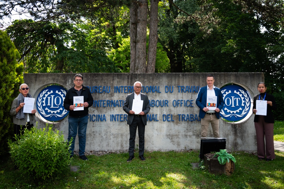 Members of global trade union Building and Wood Workers’ International Union (BWI) file a forced labor complaint against the government of Saudi Arabia on June 5, 2024 at the International Labour Organisation (ILO) in Geneva.