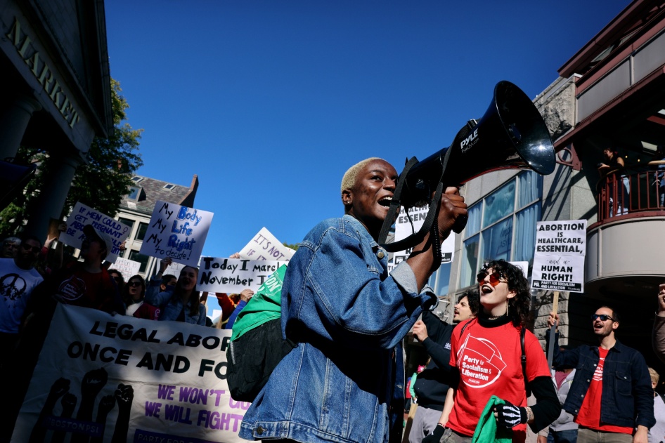 Protesters chant during the Women’s Wave National Day of Action for Reproductive Rights, Boston, Massachusetts, October 8, 2022.