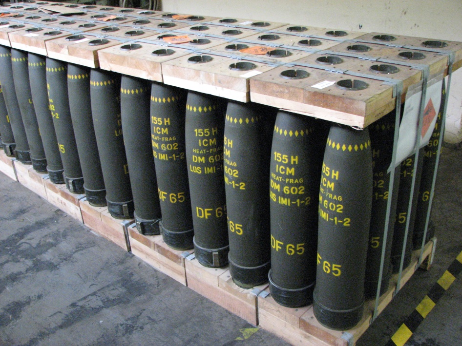 Photo shows stockpiles of 155mm cluster munition artillery projectiles. 