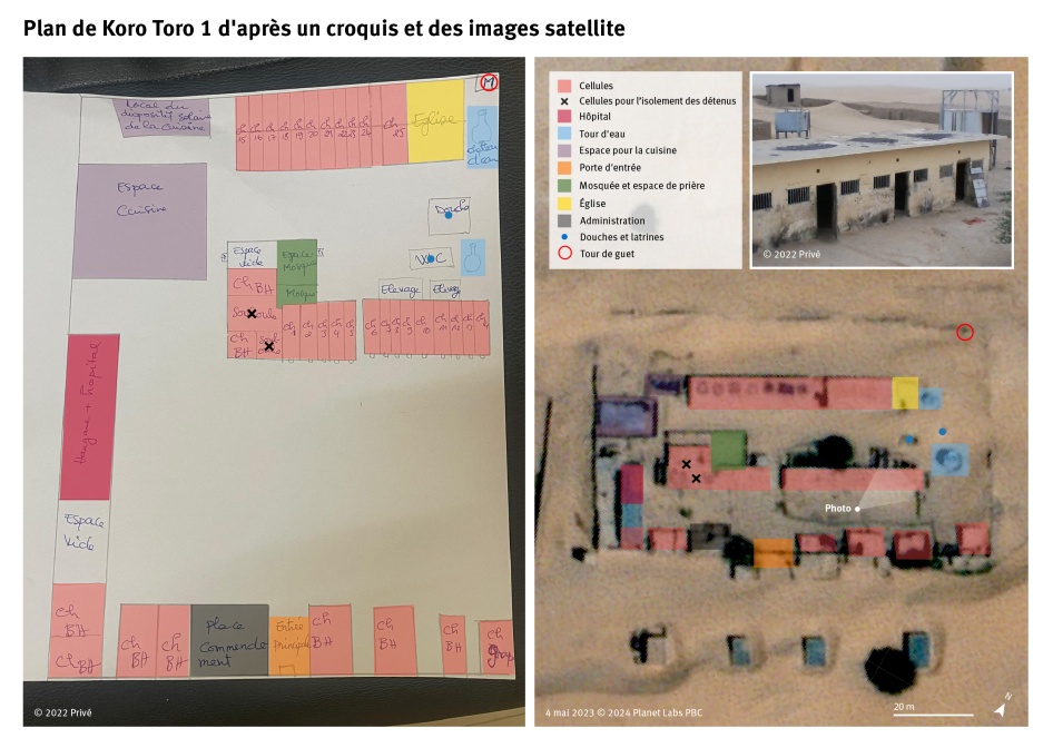 Hand drawn layout of a prison next to a satellite image of the same prison