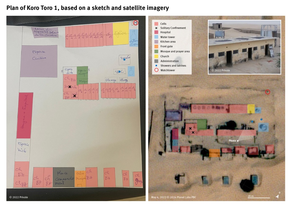 Annotated satellite image and hand drawn sketch of prison layout