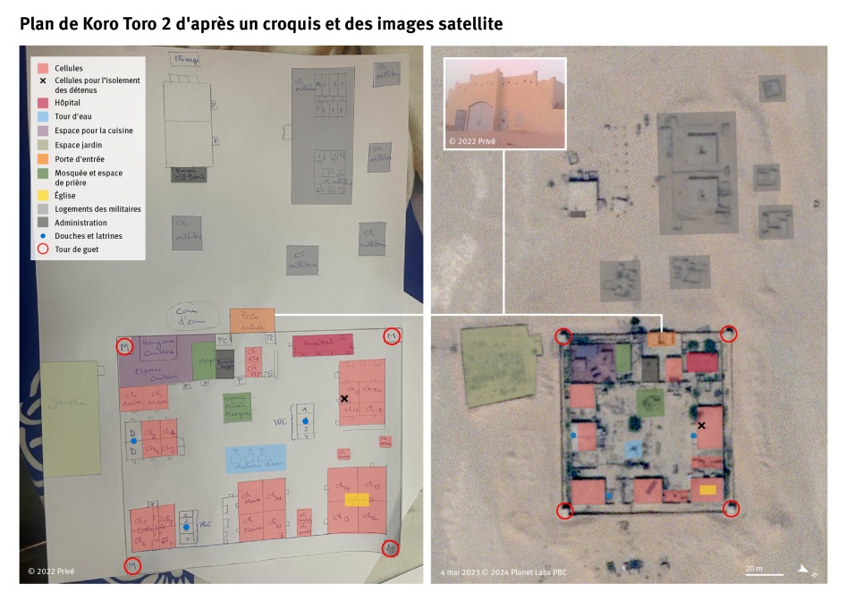 Hand drawn layout of a prison next to a satellite image of the same prison