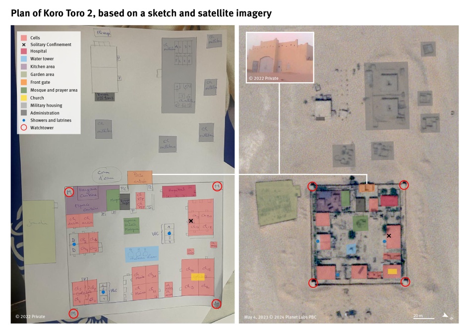 Annotated satellite image and hand drawn sketch of prison layout