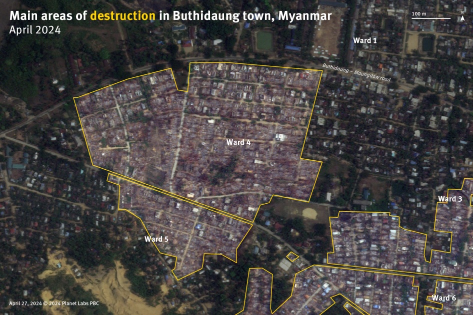 Principales zones de destruction dans la ville de Buthidaung, au Myanmar, en avril 2024. 