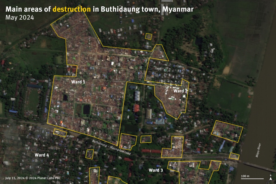 Satellite imagery from July 15, 2024, showing the main burned areas in wards 1 and 2 of Buthidaung town during the arson attacks from May 17-18. 