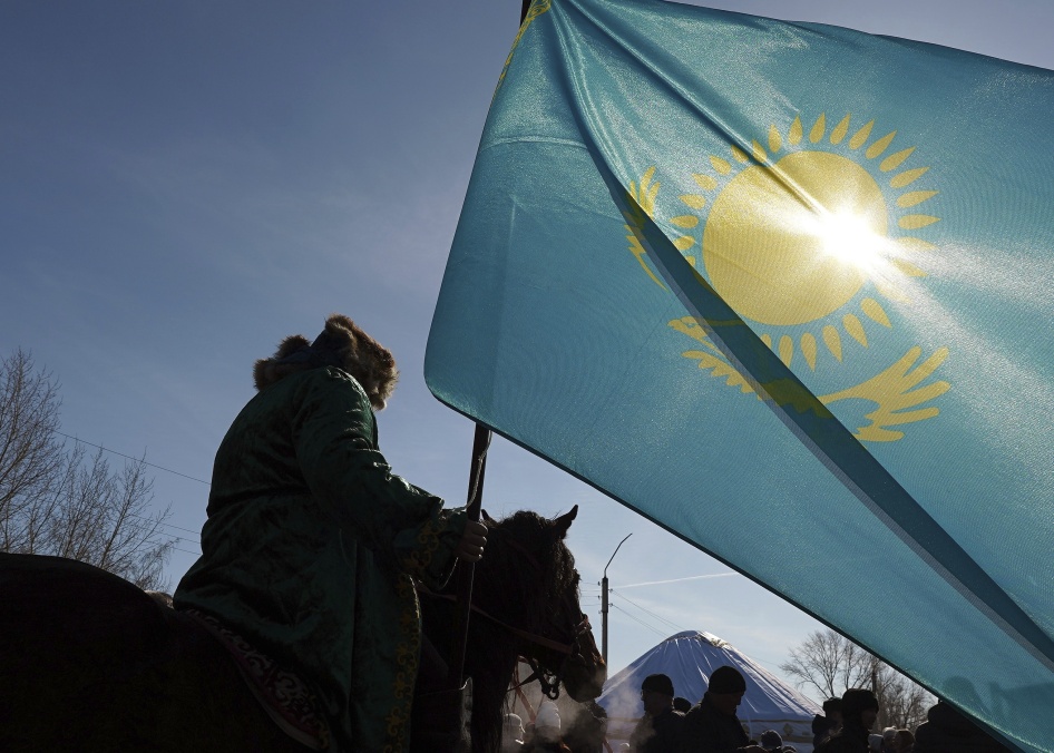 Kazakhstan’s national flag flies in the village of Saumalkol, North Kazakhstan region, March 22, 2023. 