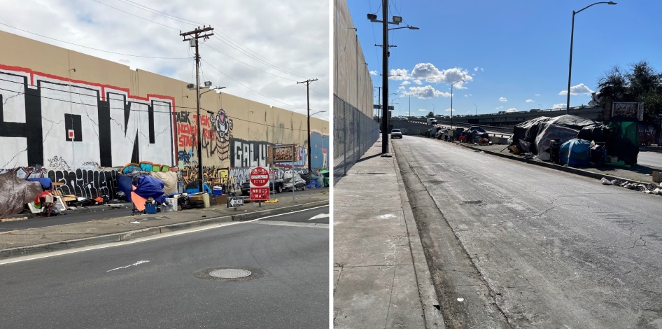 Photo on the left, taken on August 18, 2021, shows the encampment on the sidewalk. Photo on the right, taken February 23, 2022, shows that the sidewalk encampment had been removed and replaced with fencing