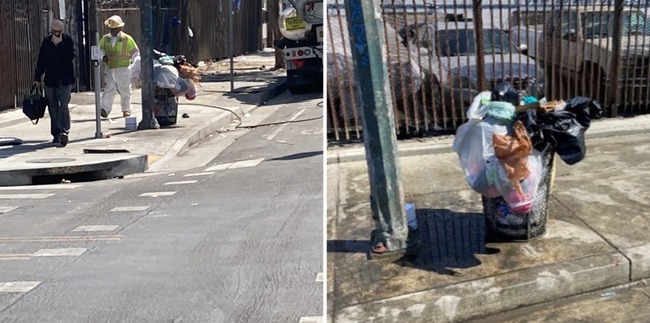 Side-by-side photos of a trash can overflowing with trash