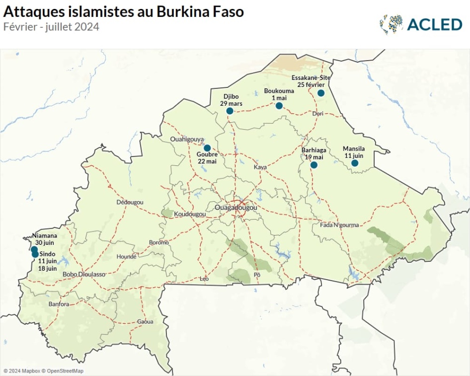 Localisation des attaques par des groupes armés islamistes au Burkina Faso de février à juillet 2024.