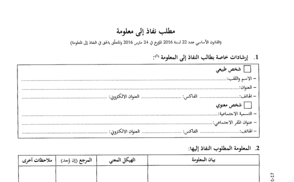 النموذج الموحّد لتقديم مطلب النفاذ إلى معلومة بموجب قانون "الحق في النفاذ في المعلومة" في تونس(قانون أساسي عدد 22 لسنة 2016).