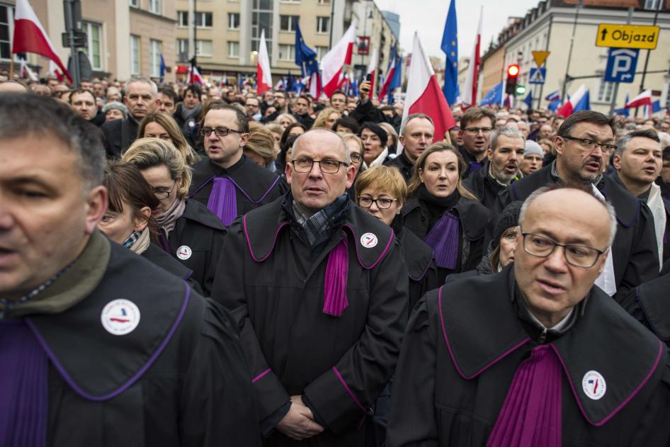 Polish judges, joined by judges from other European countries, wear their robes during a January 11 protest against proposed reforms that would undermine judicial independence. 