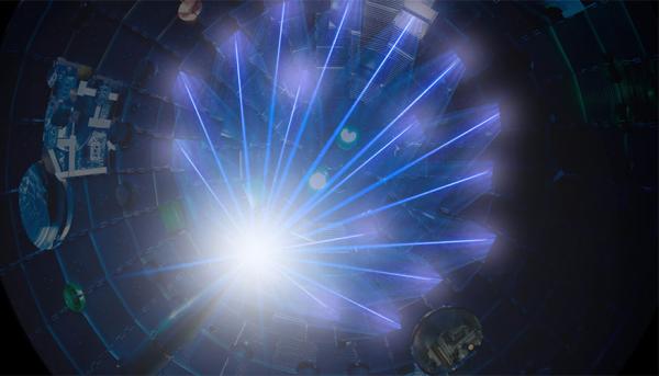 National Ignition Facility’s high-energy laser beams converge at the center of the target chamber.