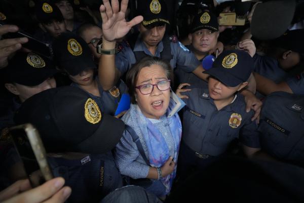 Former Senator Leila de Lima issues a statement to reporters after she goes out of the Muntinlupa City trial court on Monday, Nov. 13, 2023 in Muntinlupa, Philippines.