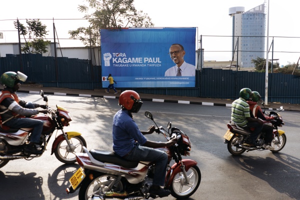 An electoral poster for Rwandan President Paul Kagame during the last days of campaigning on July 29, 2017, in Kigali, Rwanda.