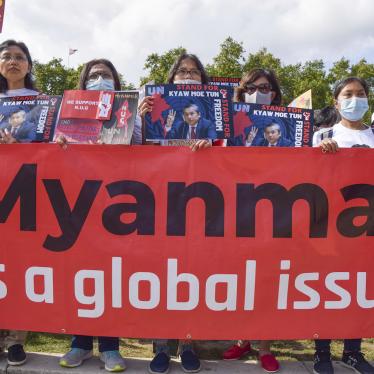 Protesters hold a 'Myanmar Is A Global Issue' banner during a demonstration in London, England.