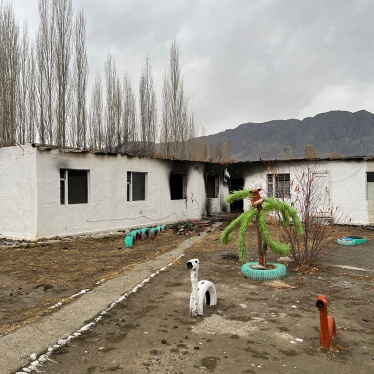 A burnt-out kindergarten in the Kyrgyz village of Ak-Sai. The village saw widespread looting and destruction while briefly under the control of Tajik forces on September 16, 2022.