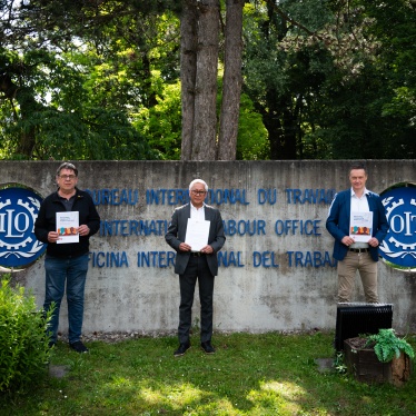 Members of global trade union Building and Wood Workers’ International Union (BWI) file a forced labor complaint against the government of Saudi Arabia on June 5, 2024 at the International Labour Organisation (ILO) in Geneva.