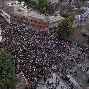 General view of people gathering to protest against a planned far-right anti-immigration protest in Walthamstow, London, Wednesday, Aug. 7, 2024.