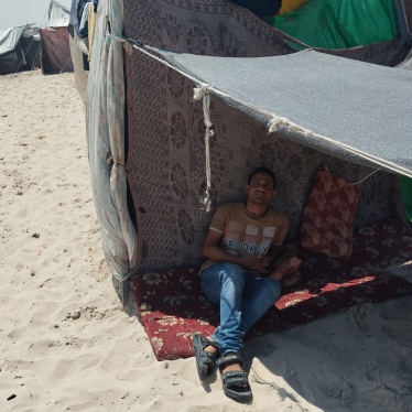 Walid Khalili, sheltering alone in a tent in al-Mawasi, Khan Younis, unable to reach his wife and three boys who are in northern Gaza. The photo was taken on June 18, 2024, about four months following his release from Israeli detention. 