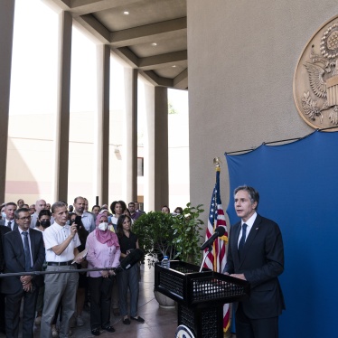 US Secretary of State Antony Blinken greets staff members at the US Embassy in Cairo, Egypt, May 26, 2021. 