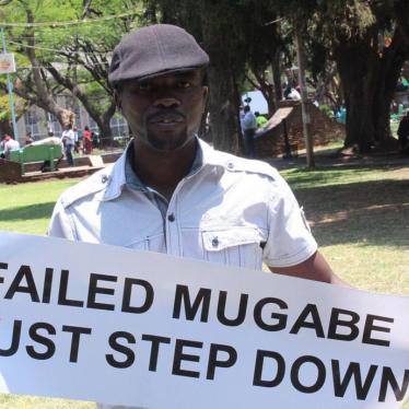 Itai Dzamara stands in Harare's Africa Unity Square, holding a banner that calls on President Robert Mugabe to step down.