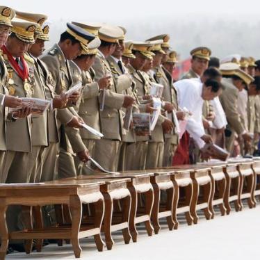Thein Sein and military leaders attend the Armed Forces Day parade in Burma's capital Naypyidaw on March 27, 2010.