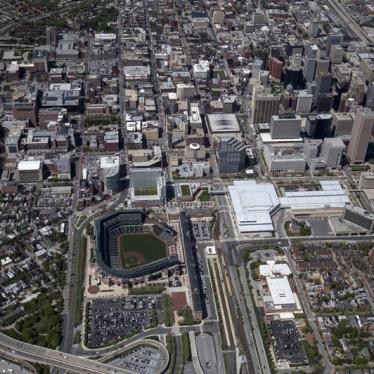 Photograph depicting an aerial view of the city of Baltimore, Maryland, April 29, 2015.