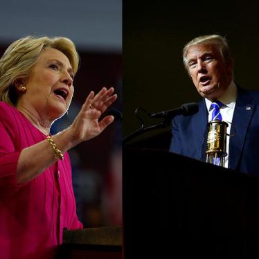 Composite showing US Democratic presidential candidate Hillary Clinton (L) speaking on the campus of Temple University in Philadelphia, Pennsylvania, July 29, 2016, and US Republican presidential candidate Donald Trump (R) speaking at a campaign rally in 