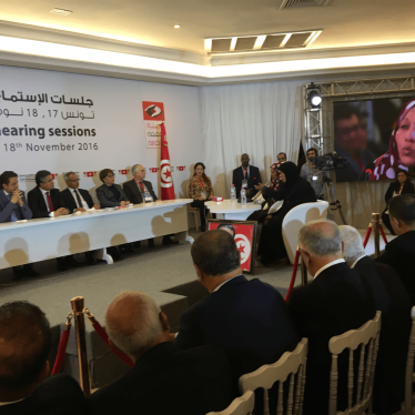 Rebah Dachraoui of Kasserine addresses the first public hearing of Tunisia’s Truth and Dignity Commission on November 17, 2016, about how police fatally shot her son Slah during protests in January 2011.
